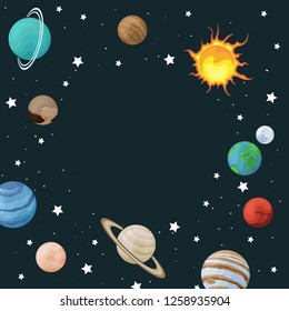 Vector clip art set of solar system. Circle frame with planet on space background. Universe texture for greeting cards and invitations