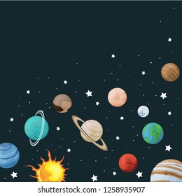 Vector clip art set of solar system. Square banner with planet on space background. Universe texture for greeting cards and invitations