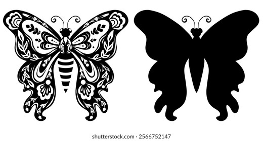 Vector clip art set tracery monochrome butterfly in folk art style. Collection of decorative tracery flying insect with a floral ornament for postcards and banners