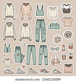 Vector Clip Art Set of Trendy Women's Clothing, Jeans, Sneakers, and Accessories - Feminine Style