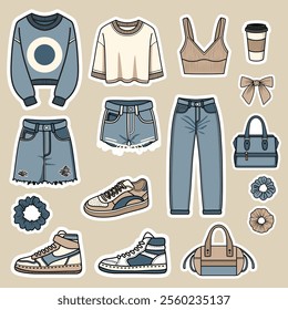 Vector Clip Art Set of Trendy Women's Clothing, Jeans, Sneakers, and Accessories - Feminine Style