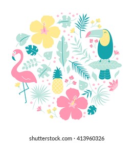 Vector clip art set, tropical birds, flamingo, toucan, pineapple, hibiscus flowers isolated on white background