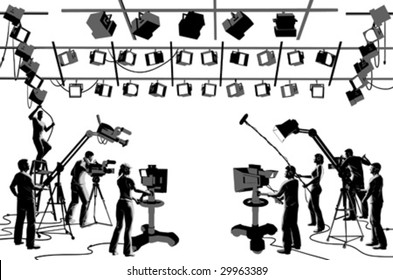 Vector clip art set of TV channel studio crew, including cameras, lights, camera men, technicians and recordist
