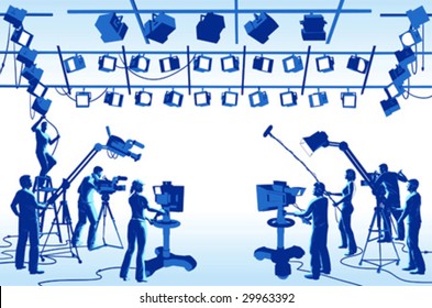 Vector clip art set of TV channel studio crew, including cameras, lights, camera men, technicians and recordist