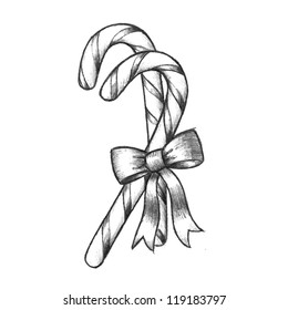 vector clip art of sweet Christmas candy canes with stripes and a cute bow in a black and white ink hand drawn sketch.