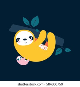 Vector clip art tropical illustration with cute sloths