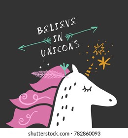 Vector, clip art. Unicorn, pony, inscription, lettering, stars, chalkboard. Believe in unicorns. Poster, t-shirt, textile, print, card.