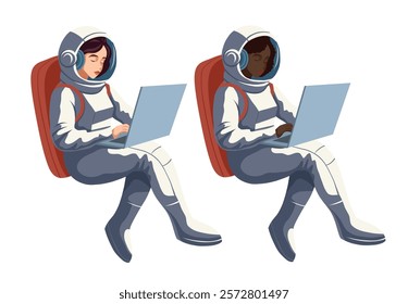 Vector clip arts set of African and European women astronauts with laptop. Illustration of spacewomen in space. Freelance work. Flat illustration for stickers