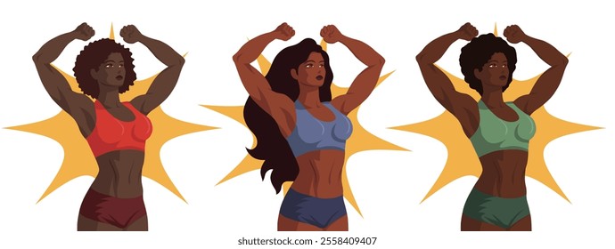 Vector clip arts set of Black women bodybuilder in retro poster style. Strong muscular African and Mexican woman. Collection with a sporty women in pop art style. Female power.