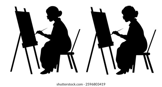 Vector clip arts set of black silhouette of old woman painting on easel. Hobby in retirement. Collection of shadow grandmother artist for articles and postcards