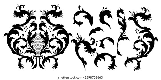 Vector clip arts set of black silhouette vintage floral elements. Baroque collection of floral flourish isolated from background. Vintage filigree floral elements for cards and stickers