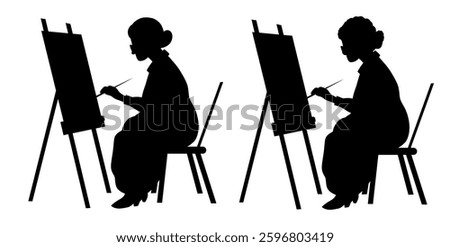 Vector clip arts set of black silhouette of old woman painting on easel. Hobby in retirement. Collection of shadow grandmother artist for articles and postcards