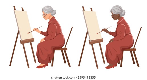 Vector clip arts set of old woman painting on easel. Hobby in retirement. Grandmother artist. Collection of flat illustration for articles and postcards