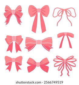 Vector clip arts set of pink vector bows in a flat style isolated from background. Festive Valentines collection of girlish ribbons for invitations and cards
