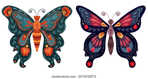 Vector clip arts set of tracery butterflies in folk art style. Collection of decorative illustration of a flying insects with floral ornament for postcards and stickers