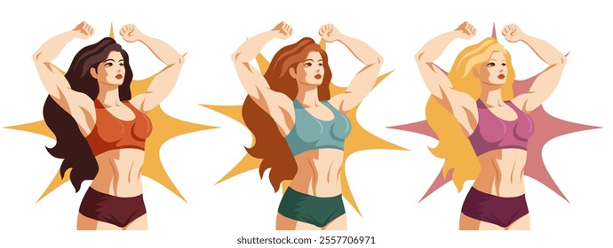 Vector clip arts set of women bodybuilder in retro poster style. Strong muscular woman. Collection with a sporty women in pop art style. Female power.