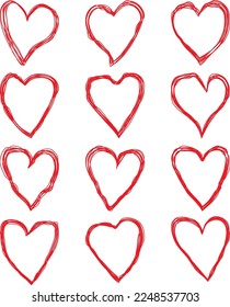 Vector clipart of 12 red hand drawing hearts