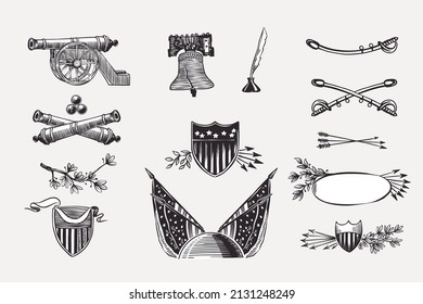 Vector clipart and American flags  bell  cannon  ribbon  saber    shields  Illustration US history   4th July in engraving style  Perfect for independence day cards  invitations  banners 