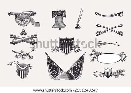 Vector clipart with American flags, bell, cannon, ribbon, saber, and shields. Illustration of US history and 4th of July in engraving style. Perfect for independence day cards, invitations, banners.