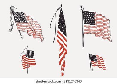 Vector clipart and American flags  Illustration US history   4th July celebration in engraving style  Perfect for independence day cards  invitations  banners 