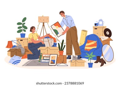 Vector clipart para el traslado de apartamentos o la reubicación en el hogar. Cartel plano con la familia desempacando mercancías en una casa nueva. La familia o la pareja se mudan de las cajas de embalaje y los contenedores para el envío. Reubicación