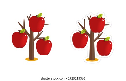 Vector clipart of an autumn bare tree with big red apples. Simple cartoon sticker  of the apple-tree with harvest isolated on white background