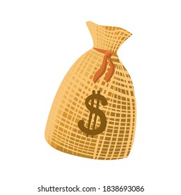 Vector clip-art bag with dollar. Straw cowboy bag of money. Flat style cartoon sticker on white isolated. Illustration for games in the style of wild west, western, cowboys and bank robberies.