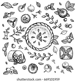 Vector clipart with blueberries, cakes, pie, leaves, bird tracks and apples. black and white.