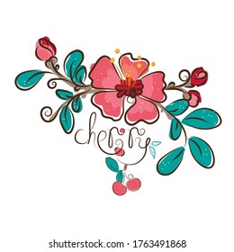 vector clipart branch with cherry blossom line isolated on white background, flower illustration for children, for bed linen, textiles, t-shirt printing, printing design