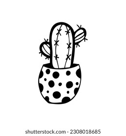 Vector clipart cactus in a pot. Hand draw image in doodle style. On a white background.