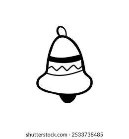 Vector clipart of christmas bell in doodle style. Stock isolated clipart on a white background. Simple doodle clipart in a trendy minimalism style. For flyer, sticker, card, logo, symbol.
