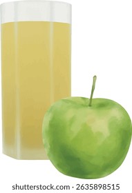 Vector clipart of Clear apple juice with apple slices and mint on rustic background. Natural, refreshing drink for clean eating and wellness themes.