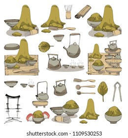 Vector clipart collection Chinese Tea Party. Heap of Tea, Teapots, Cups, Mugs, Stands, Spoons, Shovels, Tongs, Opahalo, Traditional Woman, Symbol of China. Colorful hand drawn stock illustration.