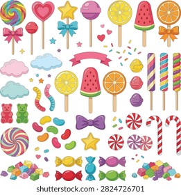 vector clipart collection featuring colorful lollipops and assorted sweet confectionery including swirl pops, heart-shaped candies, star-shaped treats, fruit-flavored pops, rainbow designs, striped candy sticks, hard sweets, gummy candies, jelly beans, peppermint discs, candy canes, wrapped treats, sugar crystals, and decorative sprinkles. Playful elements include candy wrappers, ribbons, bows, stars, hearts, clouds, and cheerful dessert accents. Modern flat vector illustrations with clean geometric shapes, smooth curves, crisp outlines, and a bright colorful palette of pink, red, yellow, blue, green, purple, and cream. All elements are isolated on a transparent background, highly detailed, balanced composition, and fully editable. Perfect for confectionery packaging, children's books, birthday invitations, party decorations, stickers, greeting cards, branding, social media, web design, and print projects.