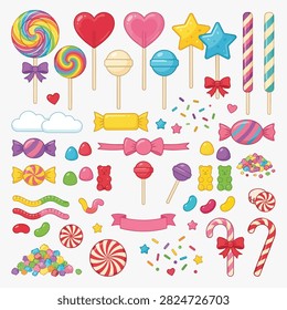 vector clipart collection featuring colorful lollipops and assorted sweet confectionery including swirl pops, heart-shaped candies, star-shaped treats, fruit-flavored pops, rainbow designs, striped candy sticks, hard sweets, gummy candies, jelly beans, peppermint discs, candy canes, wrapped treats, sugar crystals, and decorative sprinkles. Playful elements include candy wrappers, ribbons, bows, stars, hearts, clouds, and cheerful dessert accents. Modern flat vector illustrations with clean geometric shapes, smooth curves, crisp outlines, and a bright colorful palette of pink, red, yellow, blue, green, purple, and cream. All elements are isolated on a transparent background, highly detailed, balanced composition, and fully editable. Perfect for confectionery packaging, children's books, birthday invitations, party decorations, stickers, greeting cards, branding, social media, web design, and print projects.