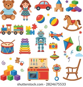 vector clipart collection featuring a cute and colorful set of children's play items including teddy bear, doll, car model, wooden blocks, building bricks, ball, rocking horse, train, puzzle pieces, robot, airplane, kite, drum, xylophone, camera, spinning top, yo-yo, colorful cubes, pretend kitchen set, baby rattle, rocking chair, and playful decorative elements. Modern flat vector illustrations with clean geometric shapes, smooth curves, crisp outlines, and a bright cheerful color palette. All elements are isolated on a transparent background, creating a versatile editable vector collection perfect for children's books, nursery decor, educational materials, stickers, packaging, birthday invitations, kids branding, web design, and print projects. High-quality detailed vector set with balanced composition and professional design