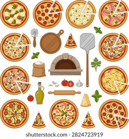 vector clipart collection featuring a delicious variety of Italian pizzas including Margherita, Pepperoni, Quattro Formaggi, Prosciutto, Funghi, Capricciosa, Hawaiian, Vegetarian, Seafood, and Spicy pizza. The set includes whole round pizzas and individual slices with melted cheese, tomato sauce, basil leaves, mushrooms, olives, pepperoni, ham, mozzarella, tomatoes, peppers, onions, anchovies, arugula, and fresh herbs. Decorative culinary elements include pizza cutter, wooden serving board, pizza peel, oven, flour, rolling pin, tomatoes, garlic, olive oil, parmesan cheese, and basil. Modern flat vector illustrations with clean geometric shapes, smooth curves, crisp outlines, and a warm Mediterranean color palette. All elements are isolated on a transparent background, highly detailed, balanced composition, and fully editable. Perfect for pizzeria branding, restaurant menus, food packaging, recipe books, stickers, posters, social media, websites, and print projects.