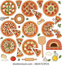 vector clipart collection featuring a delicious variety of Italian pizzas including Margherita, Pepperoni, Quattro Formaggi, Prosciutto, Funghi, Capricciosa, Hawaiian, Vegetarian, Seafood, and Spicy pizza. The set includes whole round pizzas and individual slices with melted cheese, tomato sauce, basil leaves, mushrooms, olives, pepperoni, ham, mozzarella, tomatoes, peppers, onions, anchovies, arugula, and fresh herbs. Decorative culinary elements include pizza cutter, wooden serving board, pizza peel, oven, flour, rolling pin, tomatoes, garlic, olive oil, parmesan cheese, and basil. Modern flat vector illustrations with clean geometric shapes, smooth curves, crisp outlines, and a warm Mediterranean color palette. All elements are isolated on a transparent background, highly detailed, balanced composition, and fully editable. Perfect for pizzeria branding, restaurant menus, food packaging, recipe books, stickers, posters, social media, websites, and print projects.