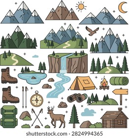 vector clipart collection featuring majestic mountain landscapes and outdoor adventure elements including snow-capped peaks, rocky mountains, alpine valleys, pine trees, evergreen forests, hiking trails, cliffs, waterfalls, rivers, lakes, tents, backpacks, hiking boots, trekking poles, compass, campfire, sleeping bag, binoculars, mountain cabin, wooden sign, sun, clouds, moon, stars, eagles, deer, and scenic nature details. Modern flat vector illustrations with clean geometric shapes, smooth curves, crisp outlines, and a natural earthy palette of forest green, mountain blue, warm beige, brown, cream, and soft sky tones. All elements are isolated on a transparent background, highly detailed, balanced, and fully editable. Perfect for outdoor branding, tourism projects, hiking guides, camping graphics, adventure posters, nature publications, stickers, apparel, websites, social media, packaging, and print design.