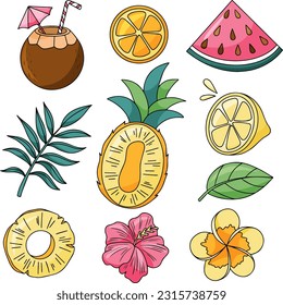 Vector clipart collection with summer fruits, tropical leaves and flowers. Coconut cocktail, pineapple, watermelon, orange, lemon, palm branch. Perfect for the design of textiles, wallpaper, wrapper