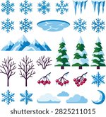 Vector clipart collection of winter nature elements featuring various snowflakes, icicles, frozen lake, snowy mountains, evergreen pine trees, bare trees, frozen berries, clouds, and crescent moon isolated on a white background. Cold climate landscape asset kit for seasonal design.