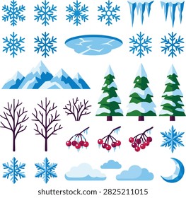 Vector clipart collection of winter nature elements featuring various snowflakes, icicles, frozen lake, snowy mountains, evergreen pine trees, bare trees, frozen berries, clouds, and crescent moon isolated on a white background. Cold climate landscape asset kit for seasonal design.