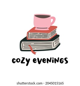 A vector clip-art composition of book stack and a tea, coffee, mug, cup.