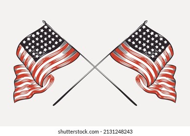 Vector clipart and crossed American flags  Illustration US history   4th July celebration in engraving style  Perfect for independence day cards  invitations  banners 