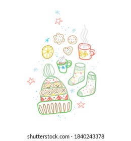 Vector clipart cup, cookies, knitted hat, socks, mug of tea, lemon, stars, snowflakes. Hand draw cozy illustration with cosiness things. Top view of cozy elements, accessories. Hygge style, Hygge home