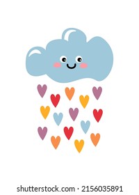 Vector clipart de una linda nube de dibujos animados con coloridas gotas de lluvia en forma de corazón. 
Ilustración del vivero en la nube.
Personaje de nube feliz aislado en un fondo blanco. 