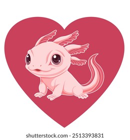 Vektorclipart von niedlichem Cartoon rosa Axolotl im Herzen einzeln auf Hintergrund. Valentinstag.  Axolotl Liebhaber und Halter. Illustration süße Amphibien für Aufkleber und Banner.