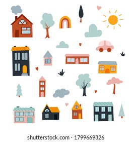 Vector clipart with cute city elements. Various colorful houses in a cute villlage. Vector children decoration elements. Small town life illustrations.