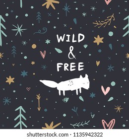 Vector, clipart. Cute polar fox patterned background, wrapping paper, decor elements. Brush letters, isolated objects.