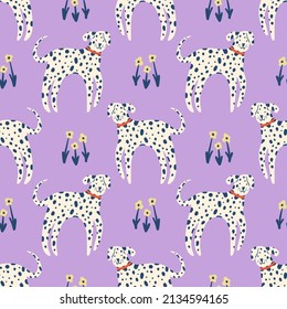Vector clipart dalmatians dog seamless pattern. Dogs breed. EPS and JPG illustration. Funky doodle trendy print, colorful handdrawn childish cartoon art. Groovy fauve abstract collage decor elements